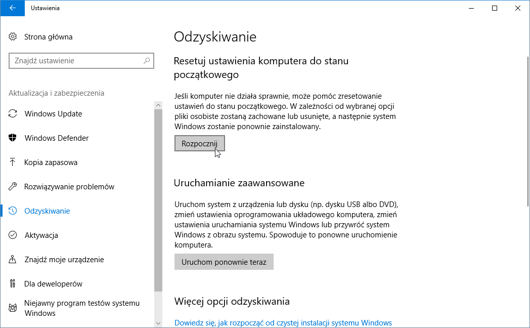 Przywróć ustawienia domyślne w Windows 10