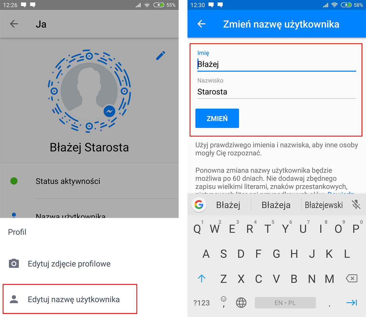 Wybierz edycję nazwy użytkownika w Messengerze