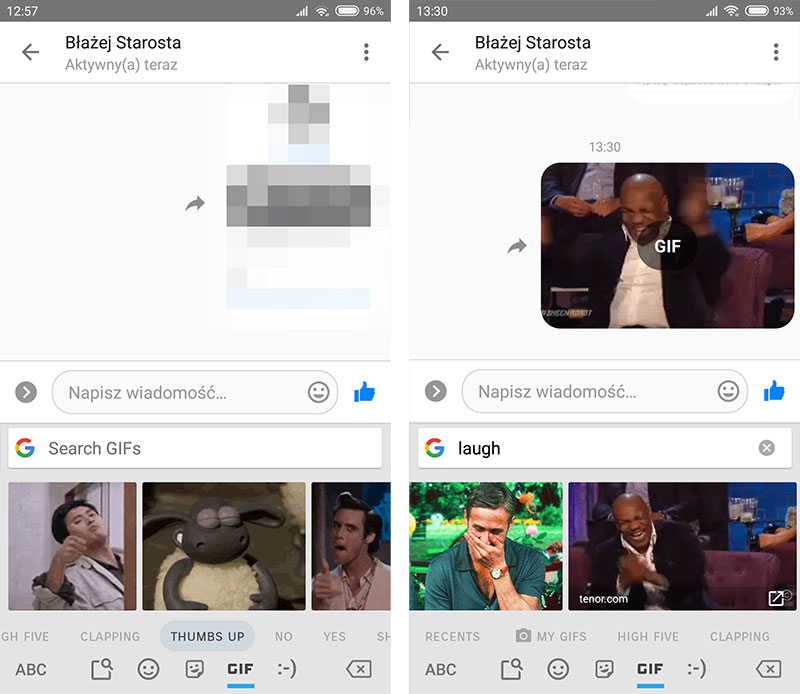 Wyszukiwanie i wysyłanie GIF w Messenger Lite