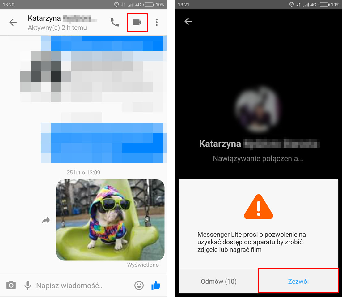 Nawiązywanie wideorozmowy w Messenger Lite