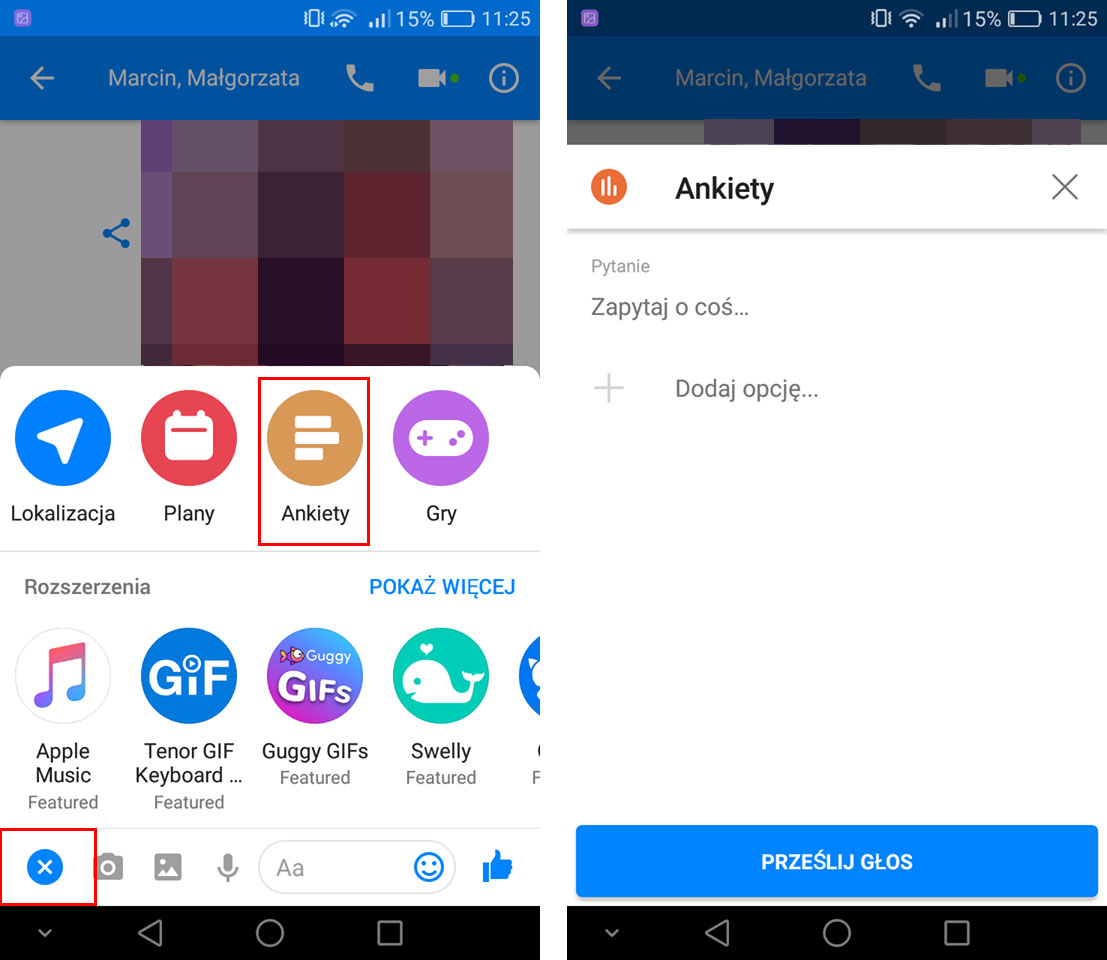 Przejdź do opcji tworzenia ankiet w Messengerze mobilnym
