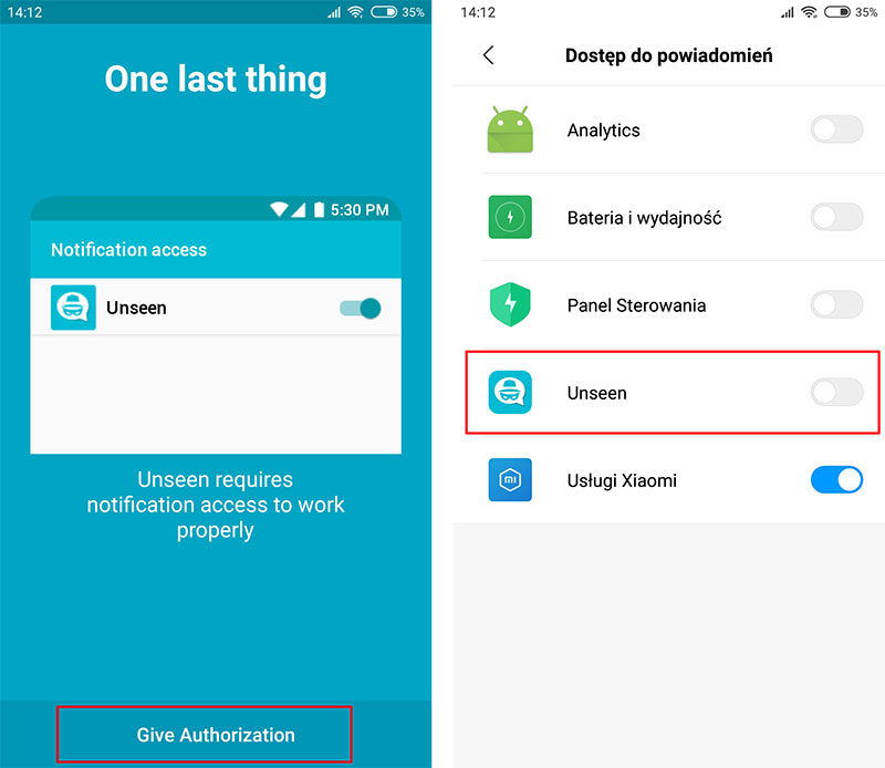 Unseen - nadaj uprawnienia do powiadomień
