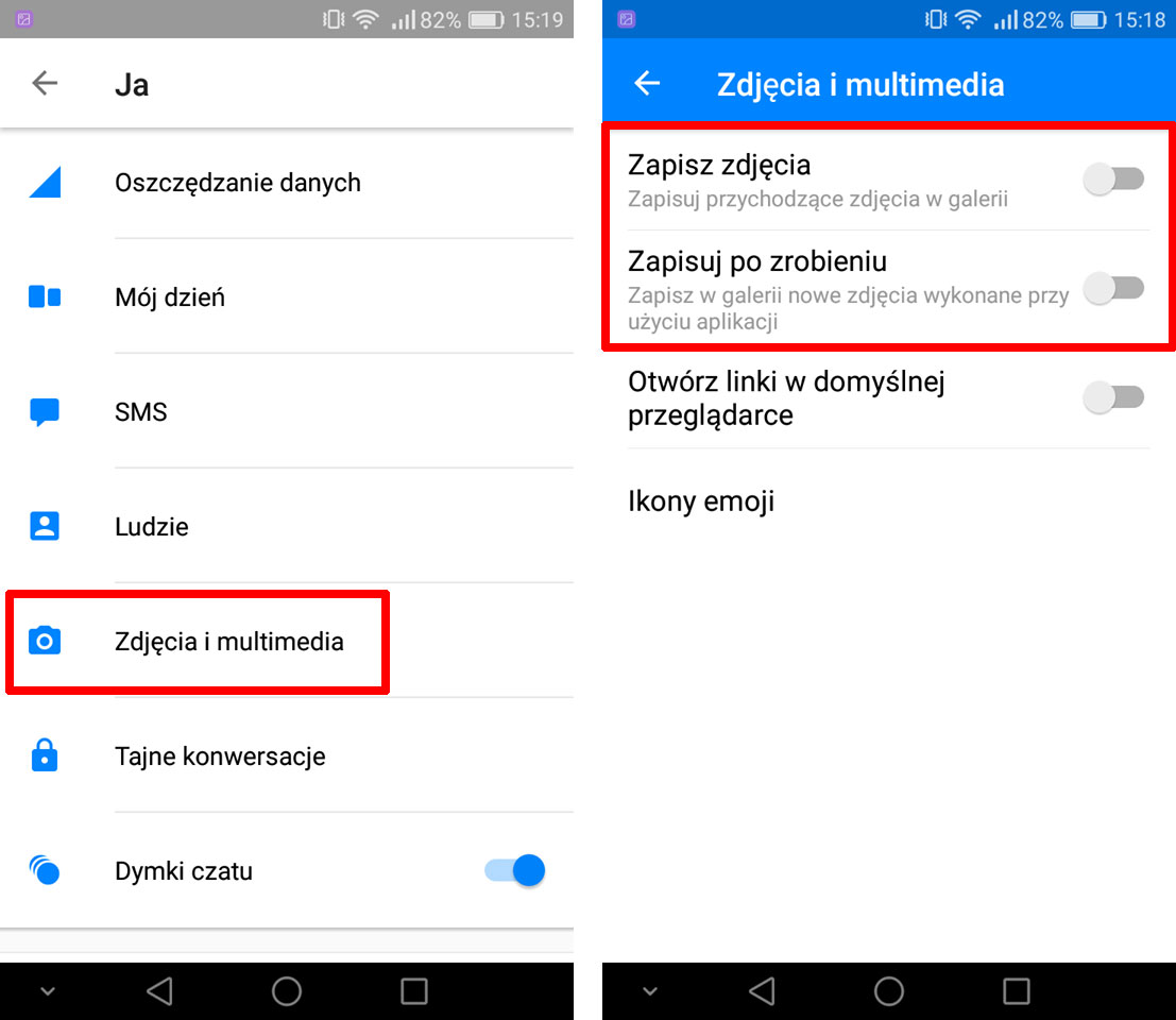 Wyłącz opcję zapisu zdjęć z Messengera