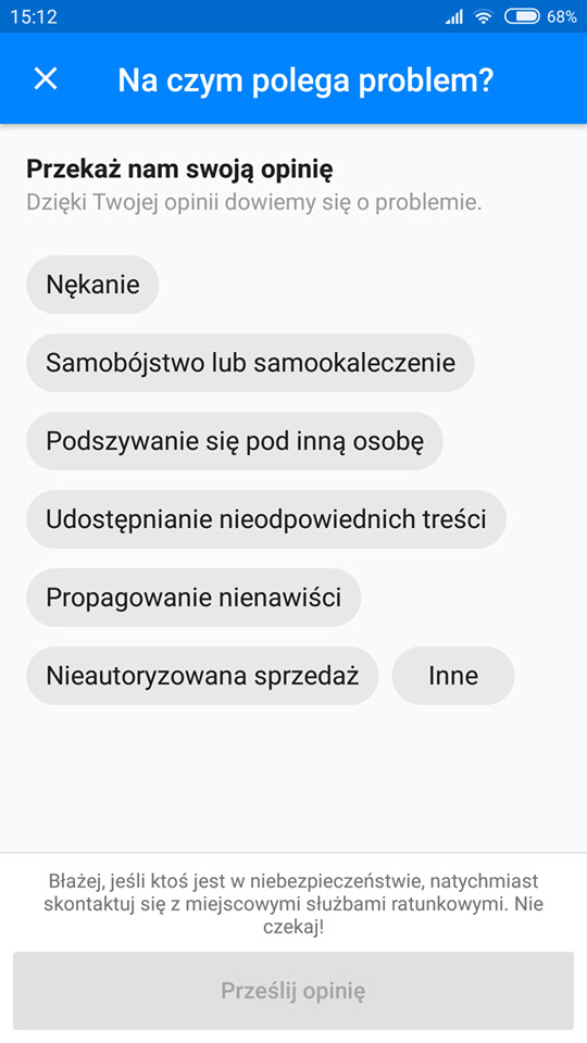 Wybierz powód zgłoszenia w aplikacji Messenger