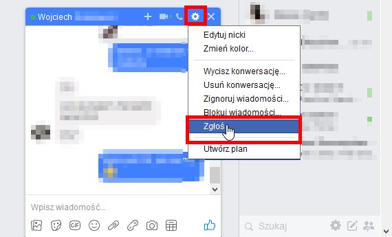 Zgłaszanie rozmowy na czacie Facebooka