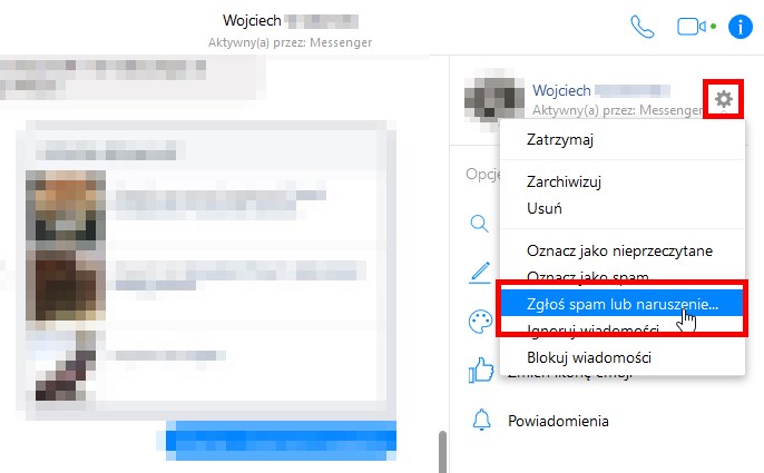 Zgłaszania rozmowy na Messenger.com - wybierz opcję 