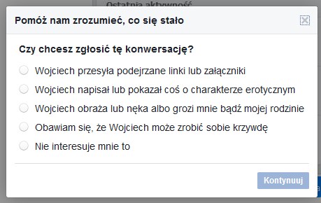 Wybierz powód zgłoszenia na Messenger.com