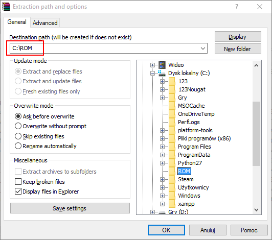 Wskaż ścieżkę C:/ROM