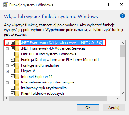Uaktywnij .NET Framework 3.5 w Windows 10