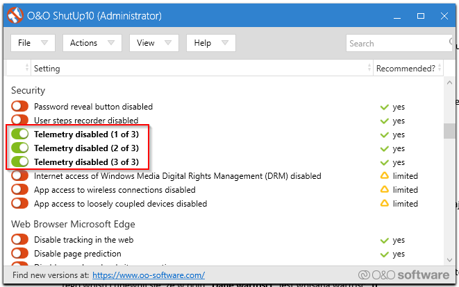Wyłączanie telemetrii przez ShutUp10