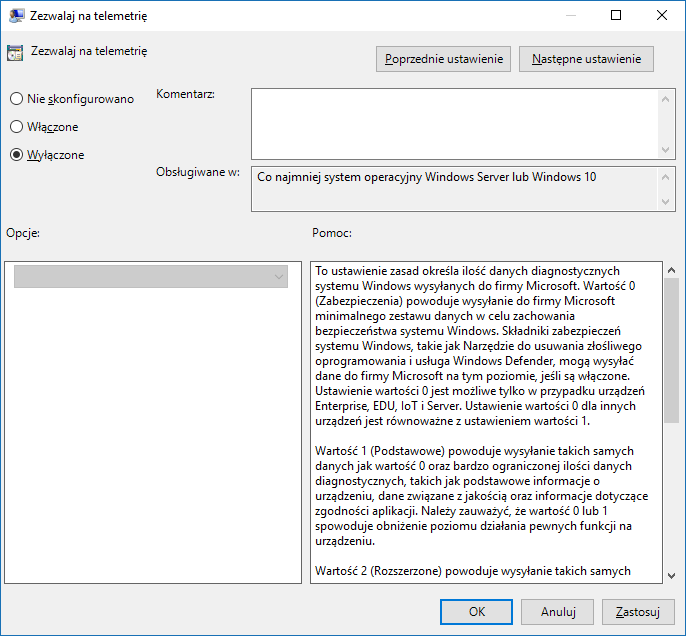 Wyłączanie telemetrii za pomocą Edytora lokalnych zasad grupy
