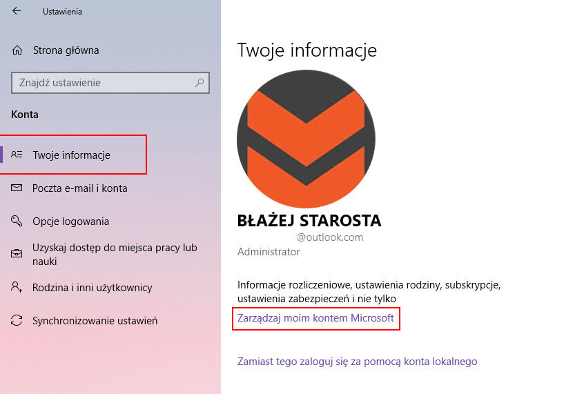 Wejdź do opcji zarządzania kontem Microsoft