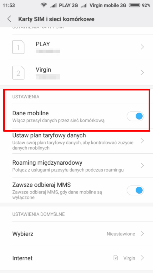 Włącz dane mobilne w Xiaomi