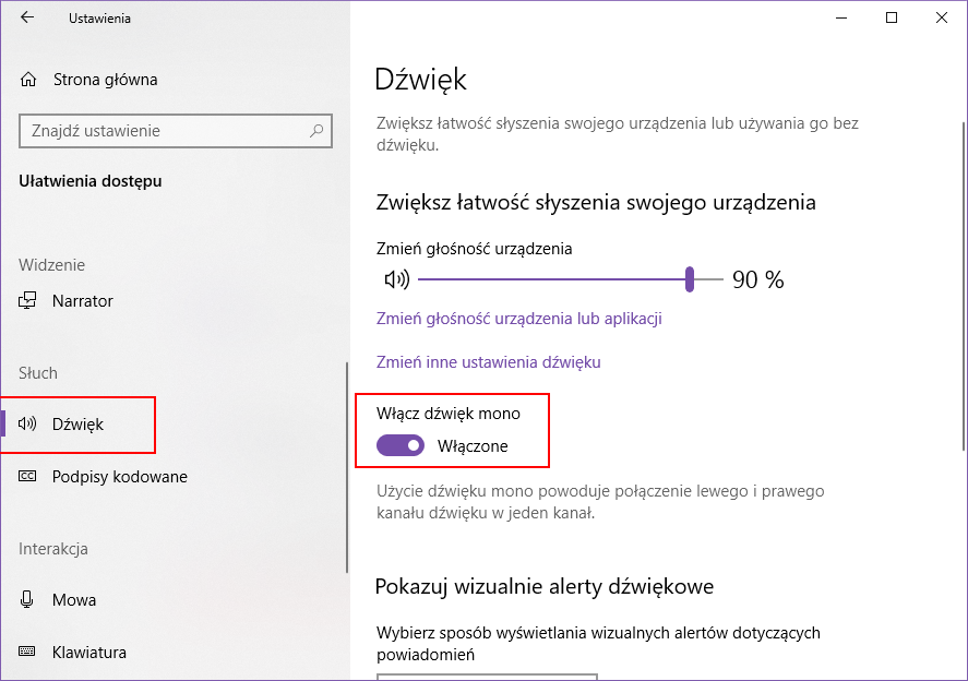 Włącz dźwięk mono w Windows 10