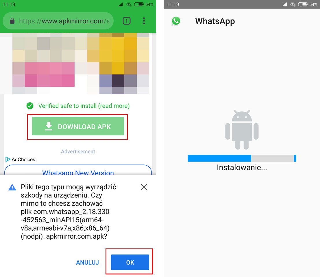 Pobierz i zainstaluj Whatsapp z pliku APK