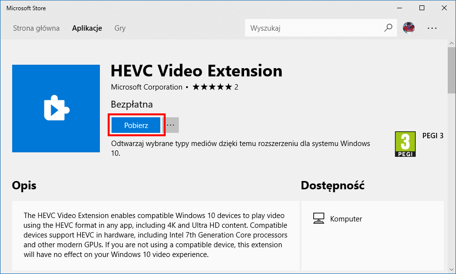 Pobierz HEVC Extension dla Windows 10