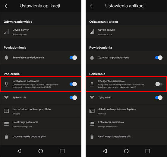 Włącz / wyłącz inteligentne pobieranie w ustawieniach aplikacji Netflix