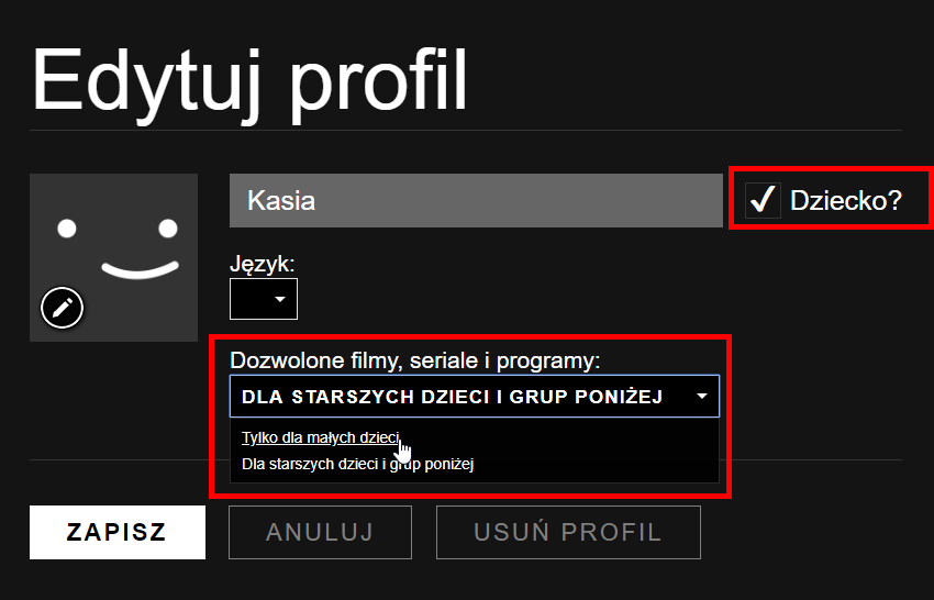 Ustaw wybrany profil jako dziecięcy