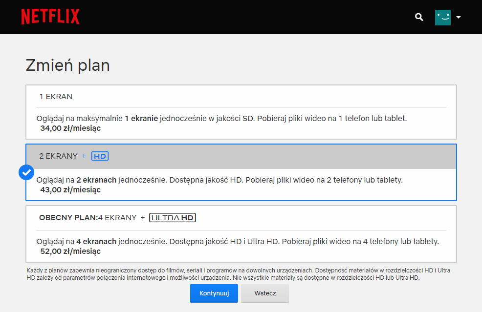 Wybierz i zaakceptuj nowy plan w Netflix