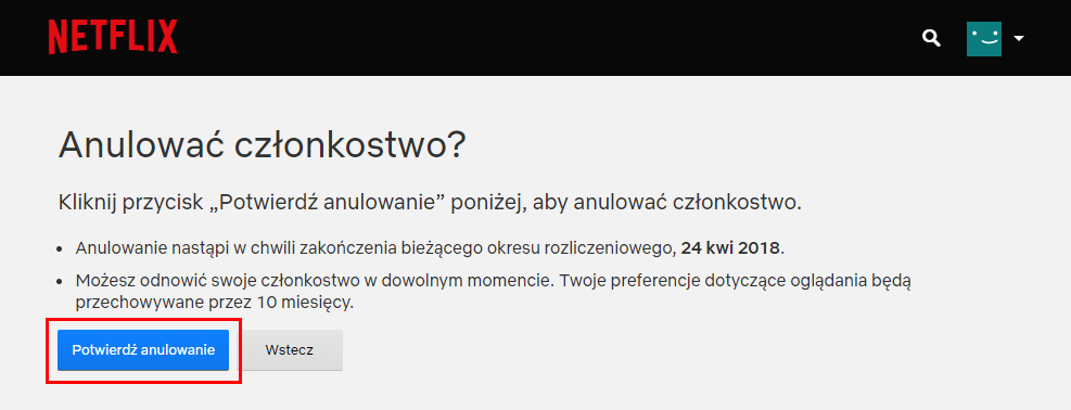 Potwierdź rezygnację z usługi Netflix