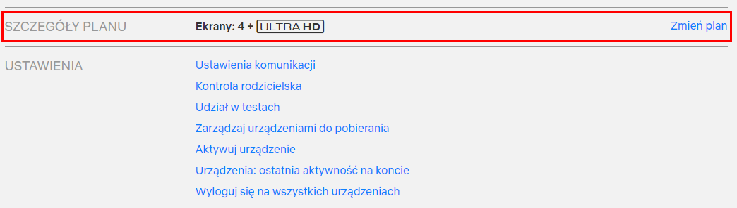 Szczegóły planu na koncie Netflix