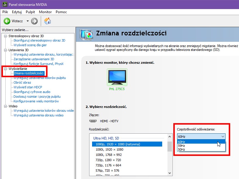 Zmiana odświeżania w panelu NVIDIA