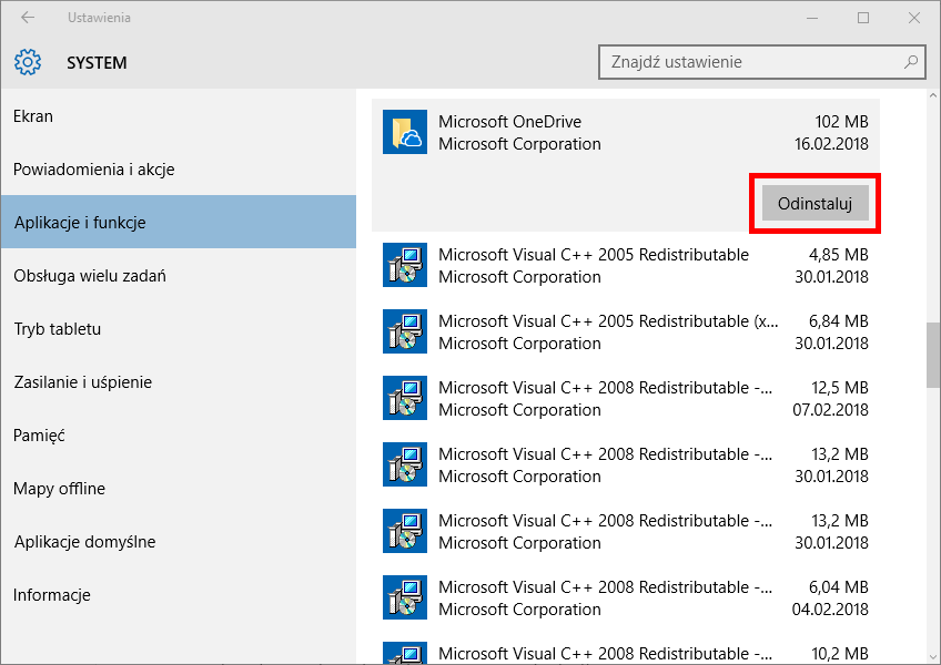 Odinstalowywanie OneDrive