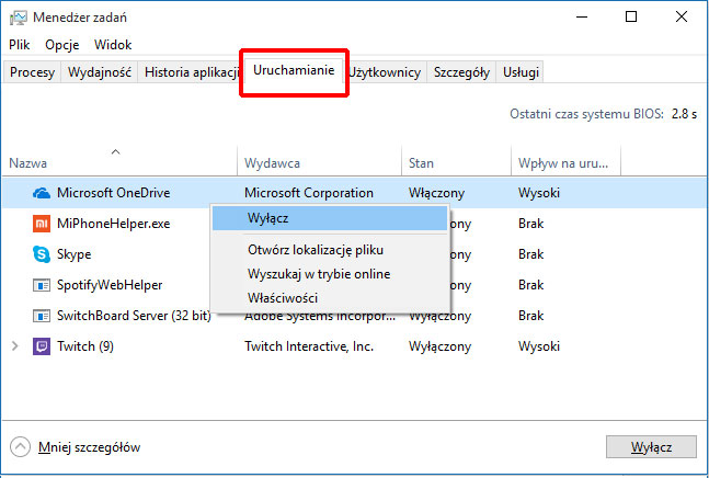 Wyłącz OneDrive z opcji automatycznego uruchamiania