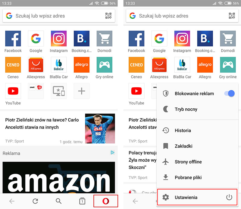 Opera w Androidzie - wejdź do ustawień