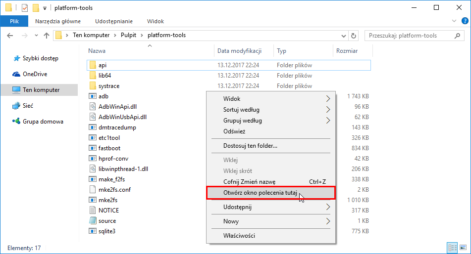 Otwórz okno polecenia w folderze platform-tools
