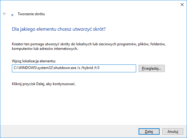 Wpisz ścieżkę do skrótu, która zamknie system