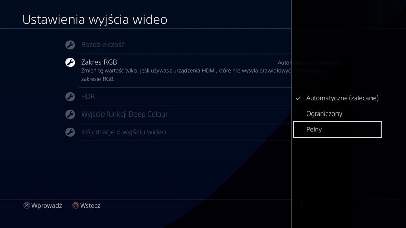 Ustawienia zakresu RGB w PS4