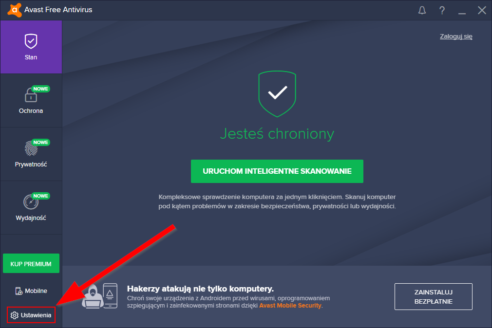 Wejdź do ustawień programu AVAST Free Antivirus