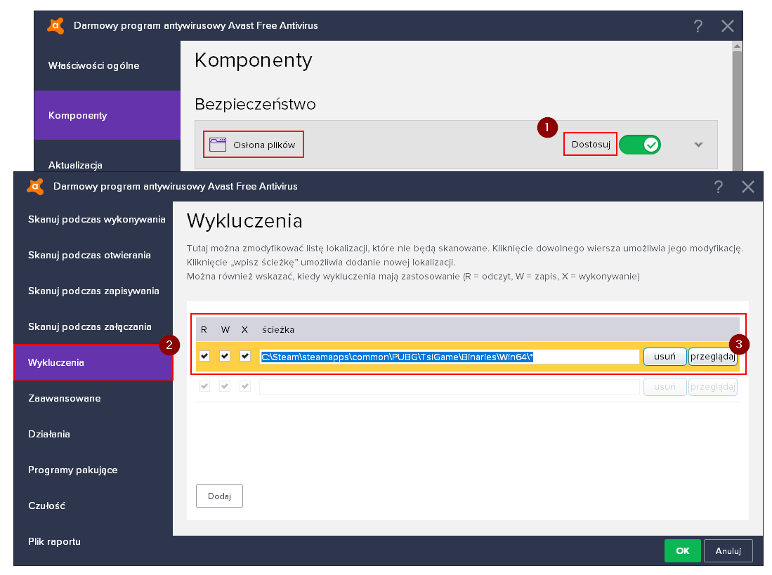 Dodaj wyjątek do komponentu Osłona plików