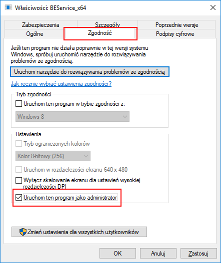 Uruchom plik BEService_x64.exe jako administrator