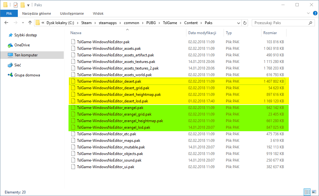 Pliki PAK w folderze z grą PUBG