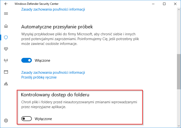 Włącz kontrolowany dostęp do folderów