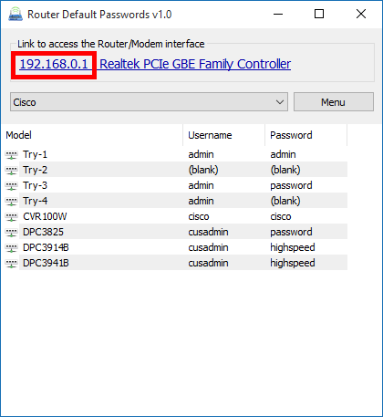 Router Default Password - okno programu