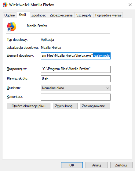 Dopisz fragment -safe-mode na końcu ścieżki do pliku EXE