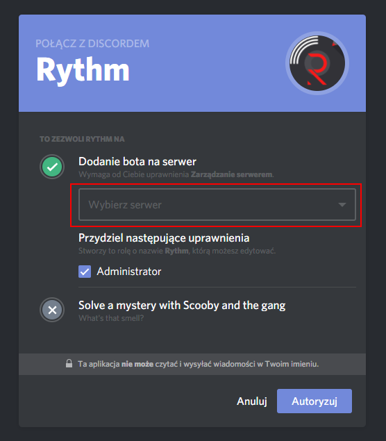 Wybierz swój serwer i autoryzuj bota Rythm
