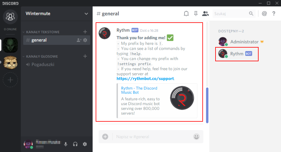 Bot Rythm dodany do serwera Discord