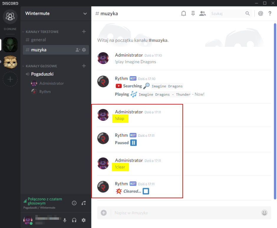 Rythm - zatrzymywanie i pomijanie muzyki na Discordzie