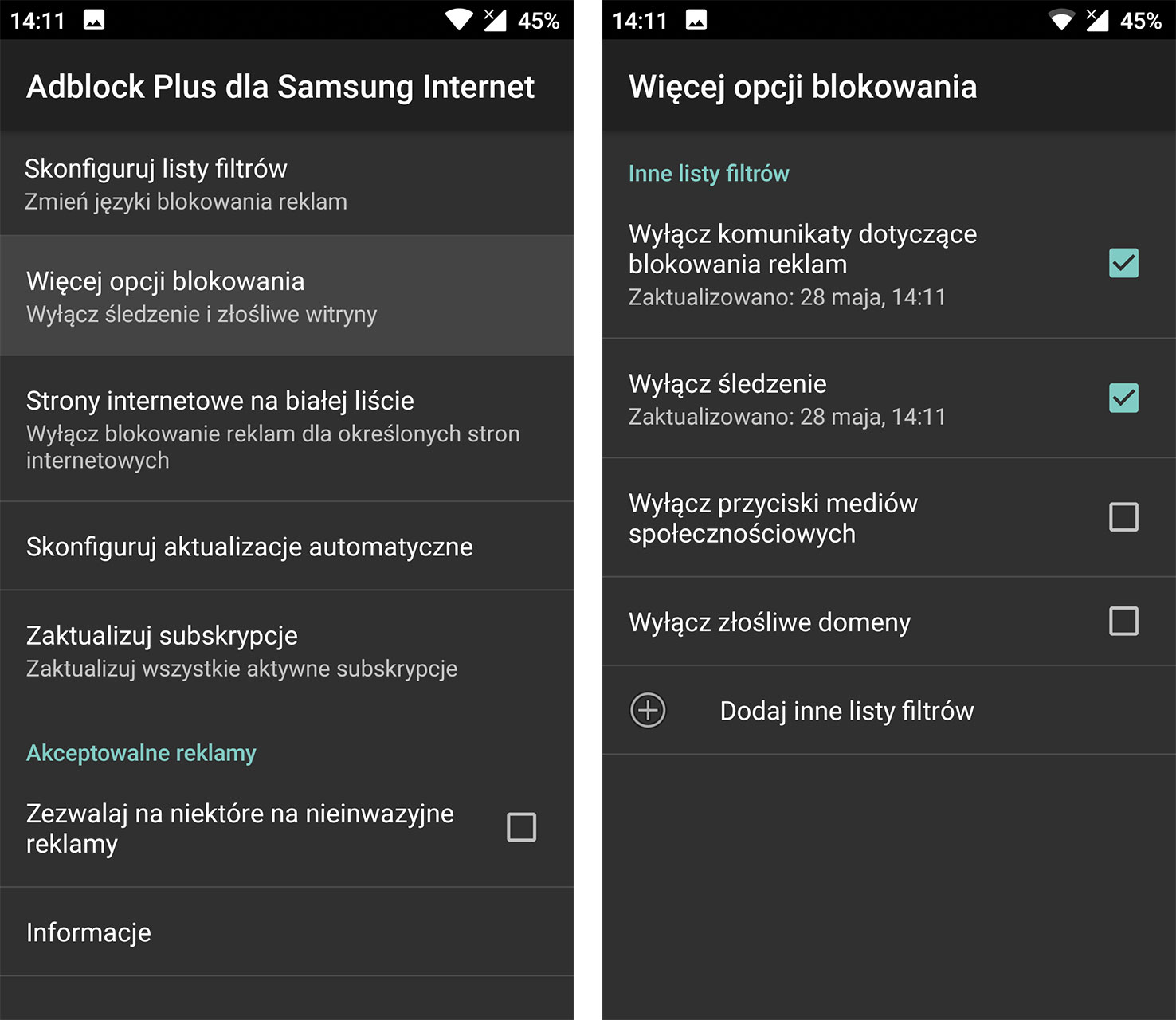 Opcje blokowania w AdBlock Plus dla Samsung Internet