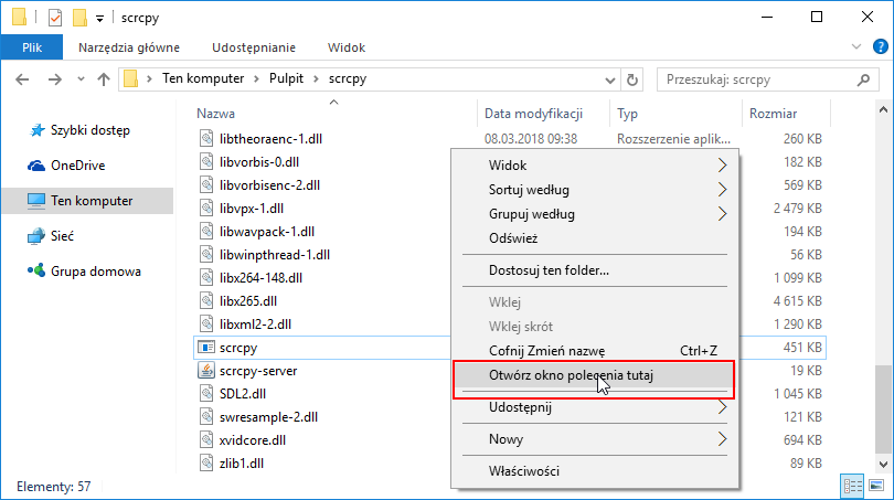 Otwórz okno polecenia w folderze scrcpy