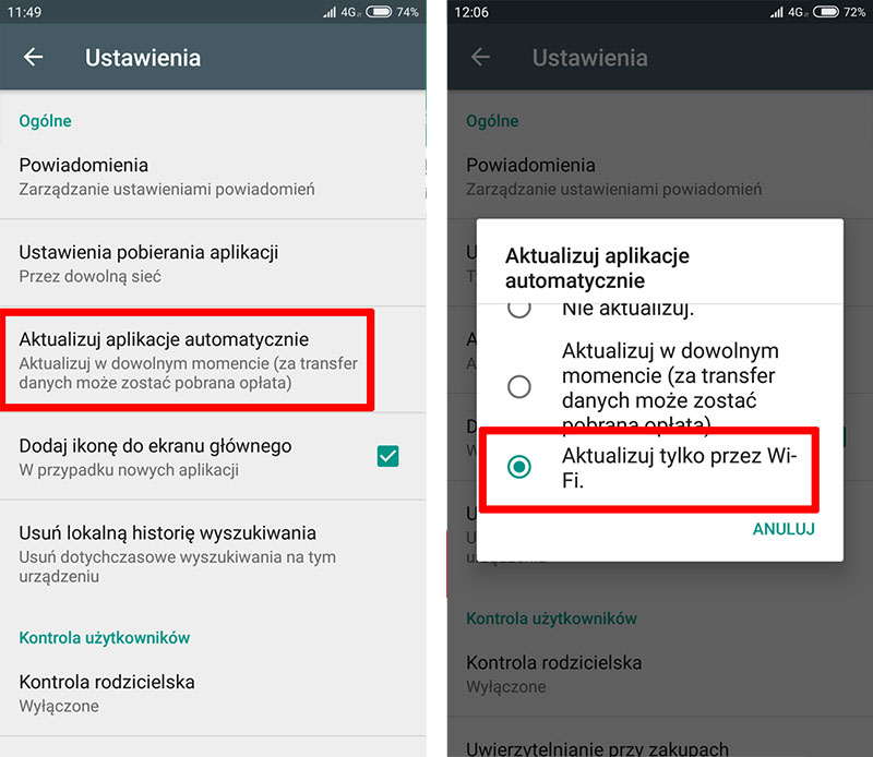 Ustaw aktualizowanie aplikacji tylko przez Wi-Fi w Sklepie Play