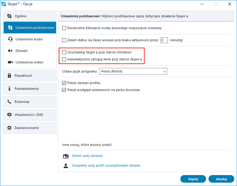Odznacz automatyczne logowanie w Skype 7