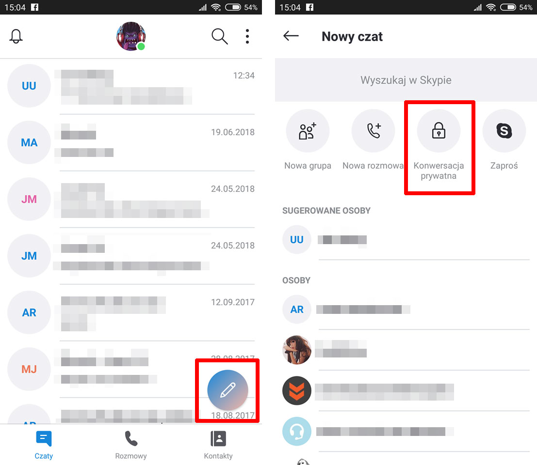 Tworzenie nowej rozmowy prywatnej w Androidzie w Skype