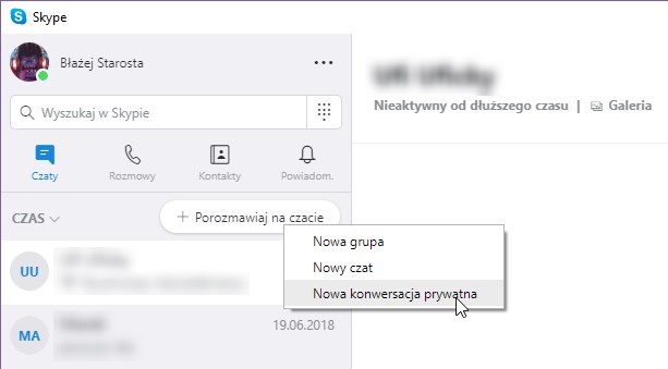 Nowa rozmowa prywatna na komputerze w Skype