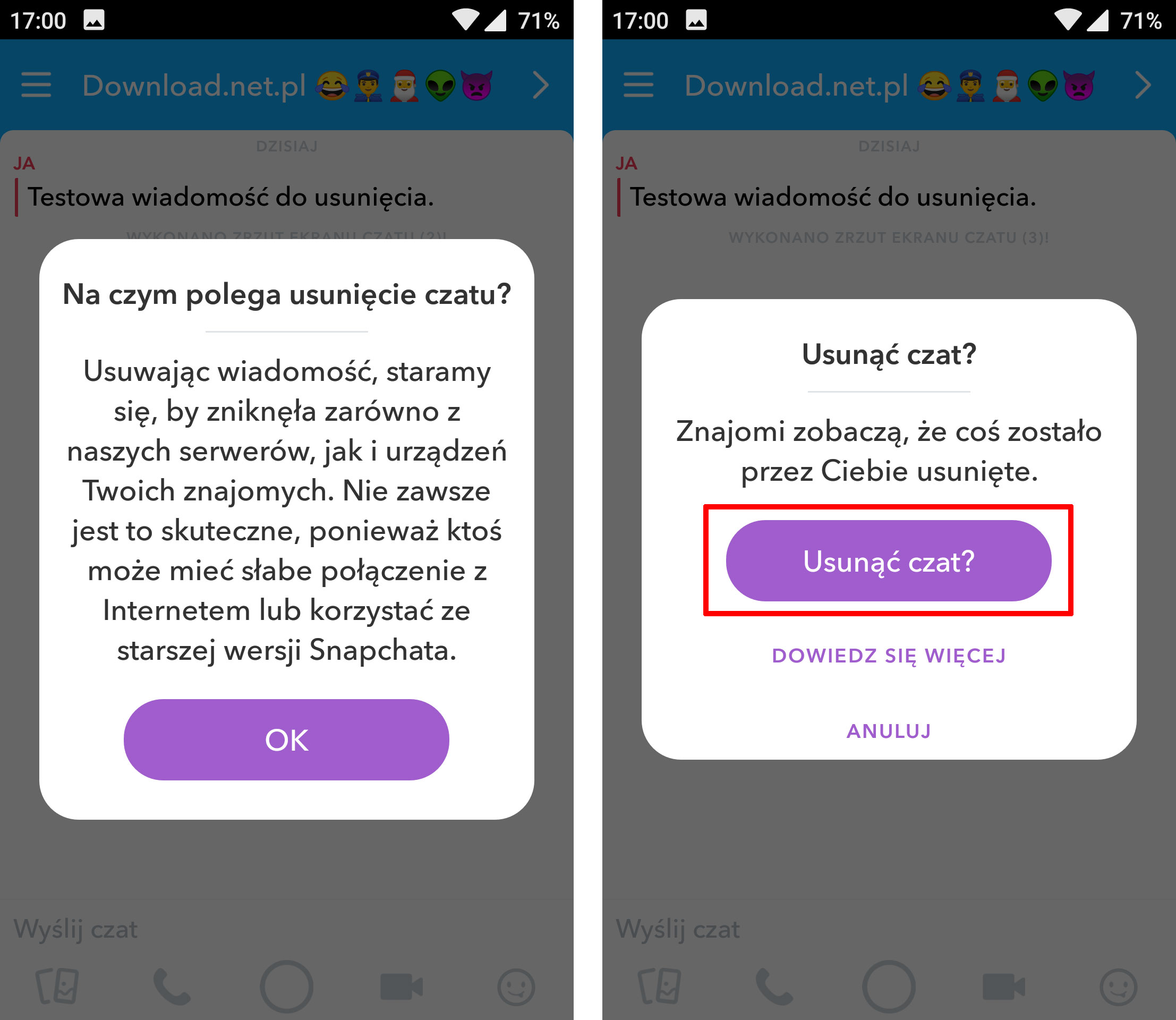 Potwierdź usunięcie wiadomości w Snapchat