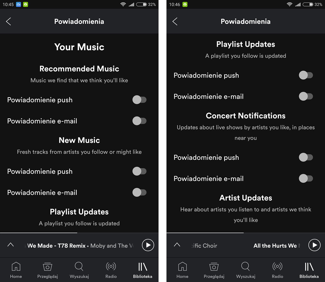 Ustawienia powiadomień w Spotify